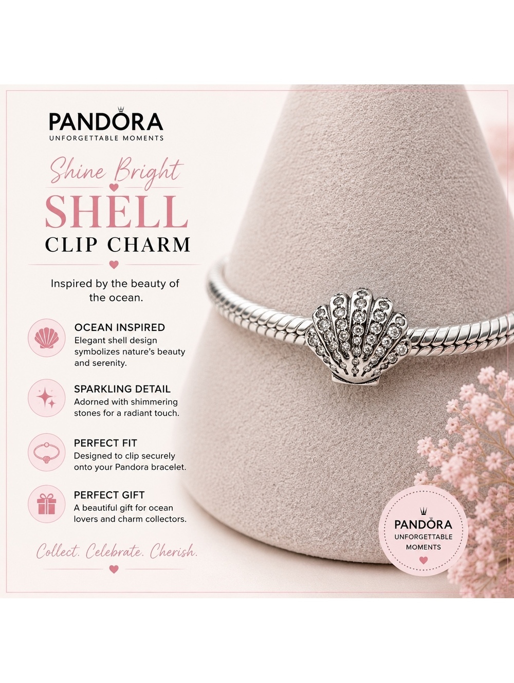 Pandora Shine Bright Shell Clip Charm with Sparkling Detail